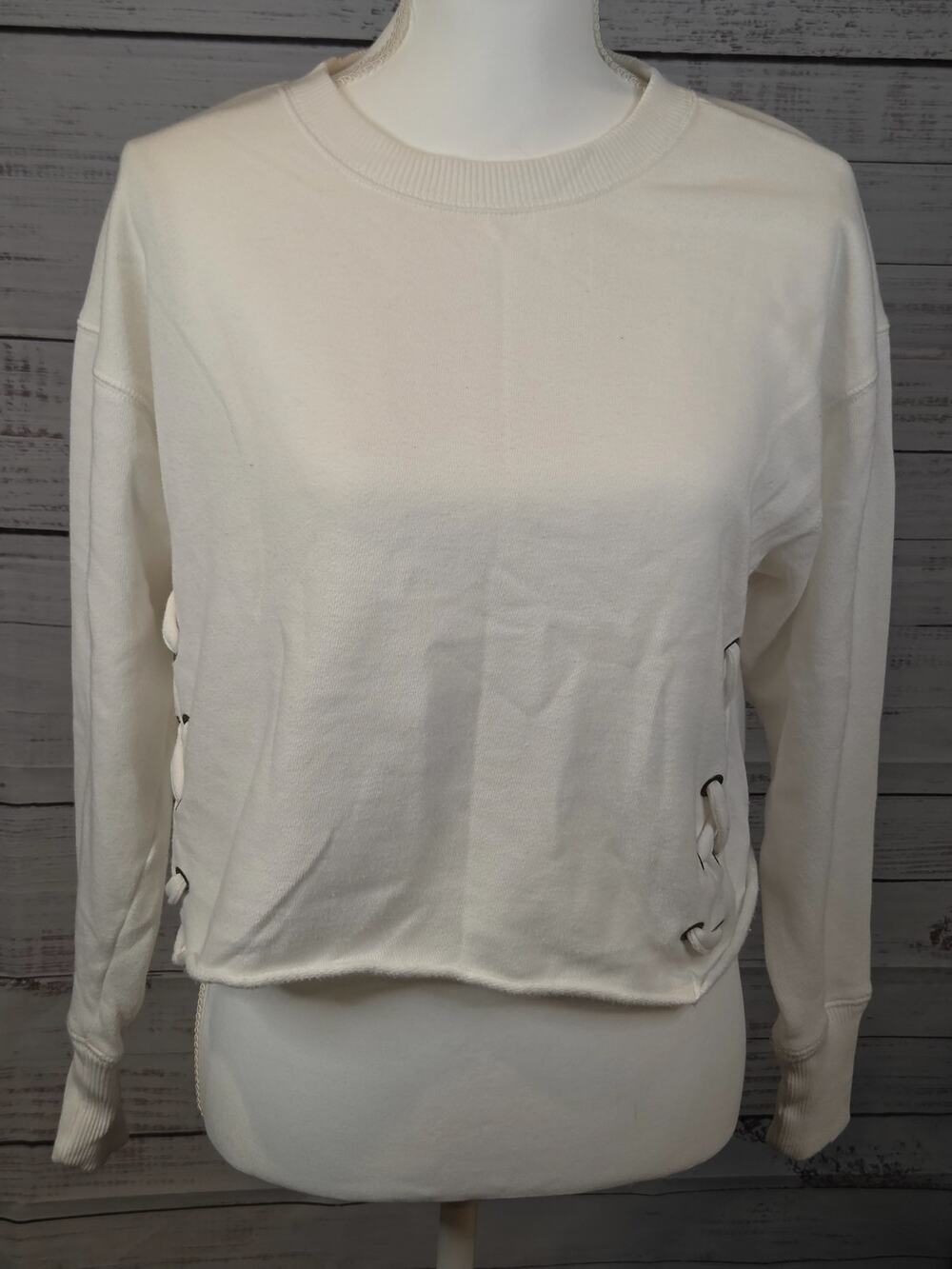 Aerie Cream White Cropped Sweatshirt Women's XS Side Lace-Up Grommet Raw Hem